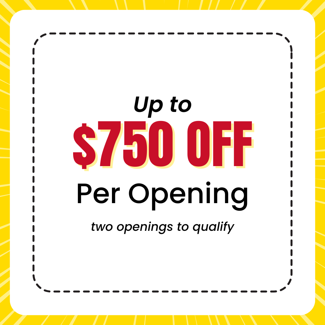 A sign that says up to $ 1,000 off per opening