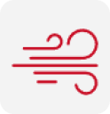A red wind icon on a white background.