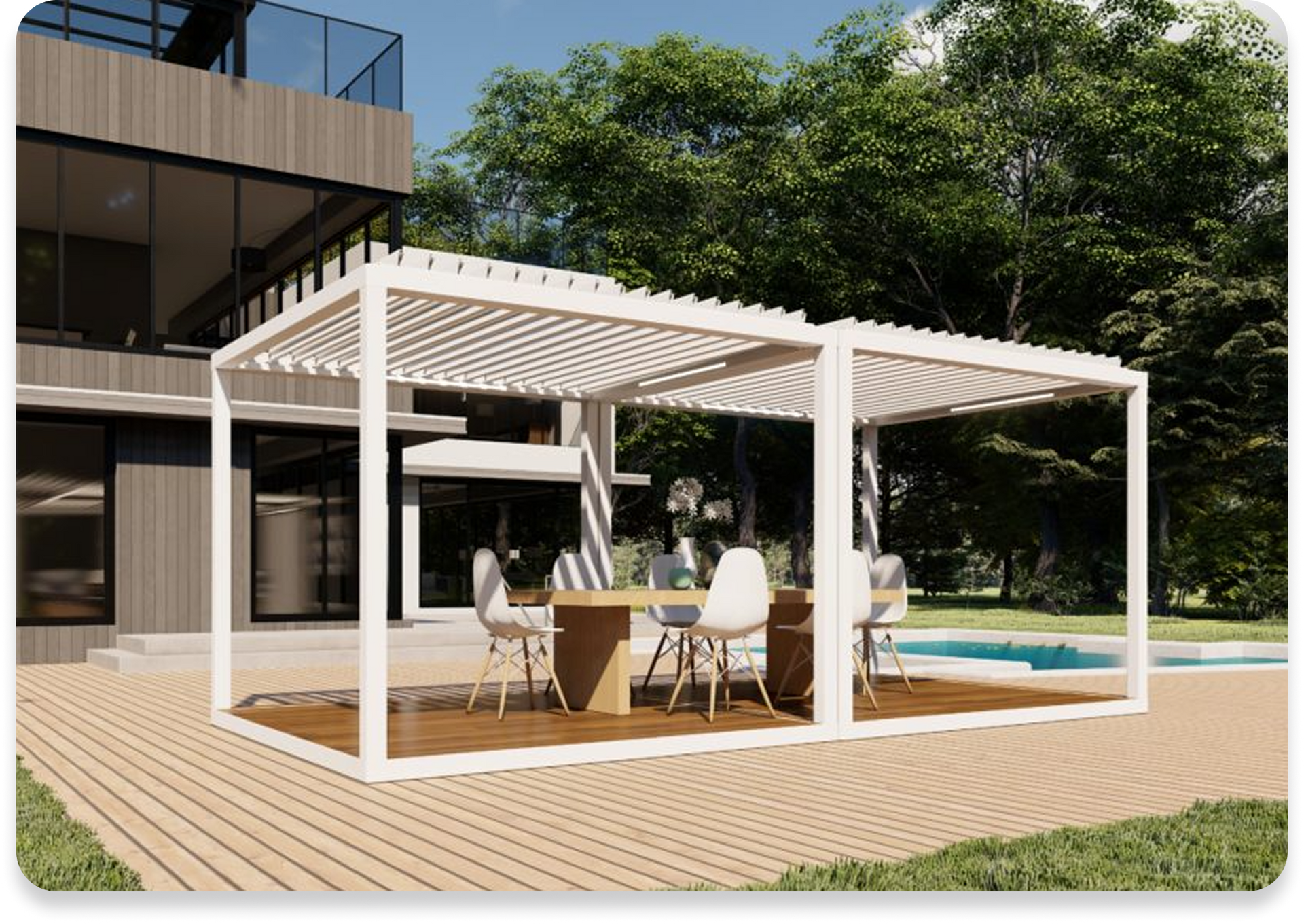 There is a table and chairs under a pergola in front of a house.