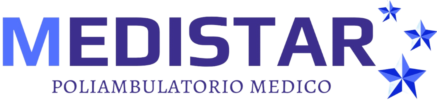 Logo MEDISTAR Poliabulatorio Medico in blu con stelle decorative su sfondo bianco.