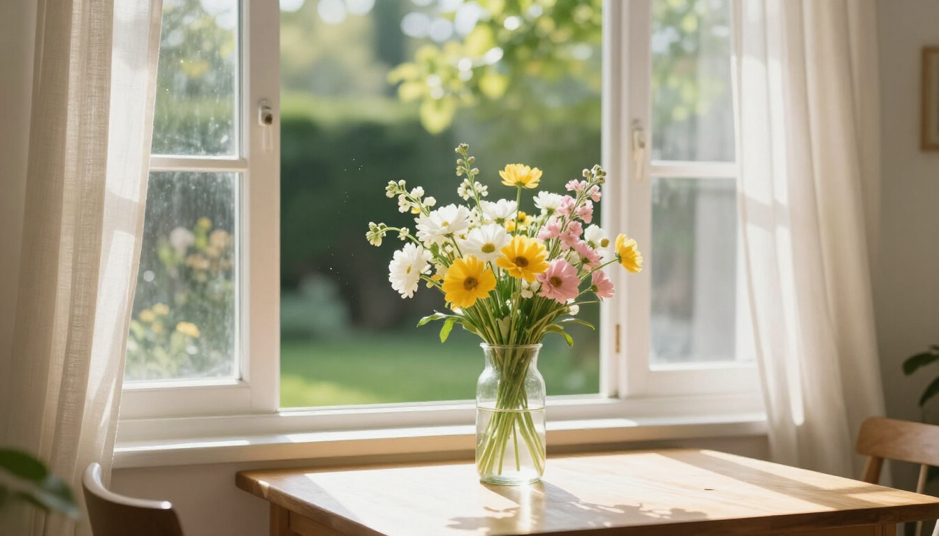 Fiori di campo in un vaso di vetro su un tavolo soleggiato vicino a una finestra aperta