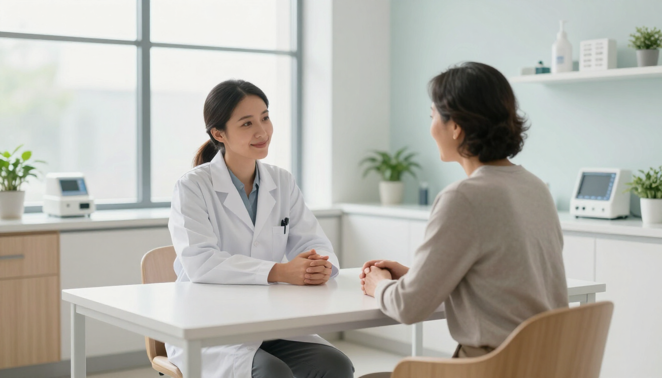 Un medico consulta un paziente alla luminosa scrivania di una clinica.