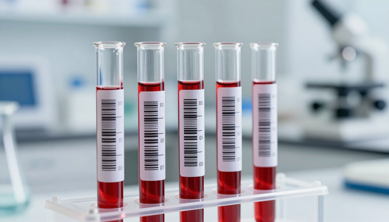 Cinque provette contenenti liquido rosso per il prelievo di sangue in un laboratorio, con un microscopio sfocato sullo sfondo.