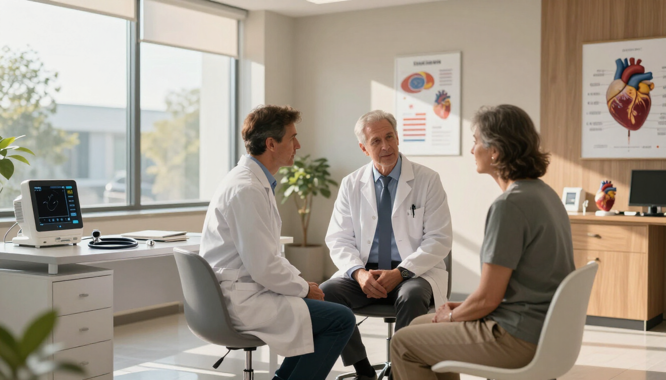 Tre persone in camice bianco e divisa da infermiere conversano in una luminosa sala visite di una clinica.