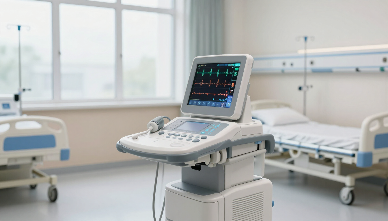 Monitor medico su supporto con ruote in una luminosa stanza d'ospedale con letti vuoti sullo sfondo.