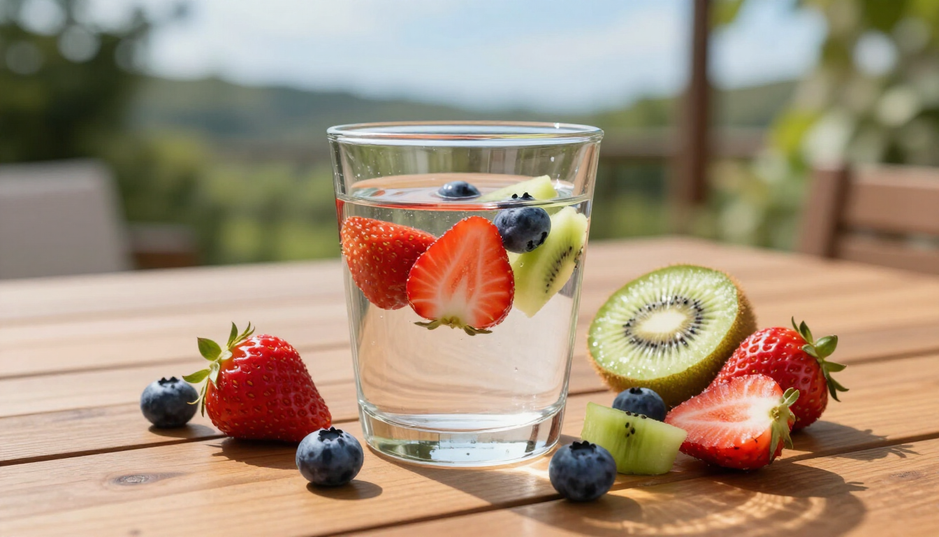 Un bicchiere d'acqua con fragole, mirtilli e fette di kiwi su un tavolo di legno all'aperto.