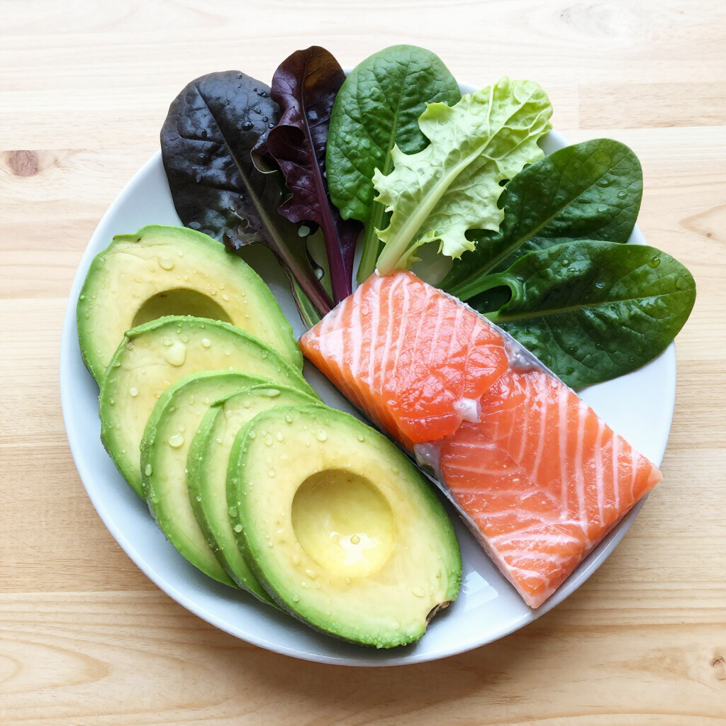 Fette di avocado, salmone e insalata mista su un piatto bianco appoggiato su un tavolo di legno.