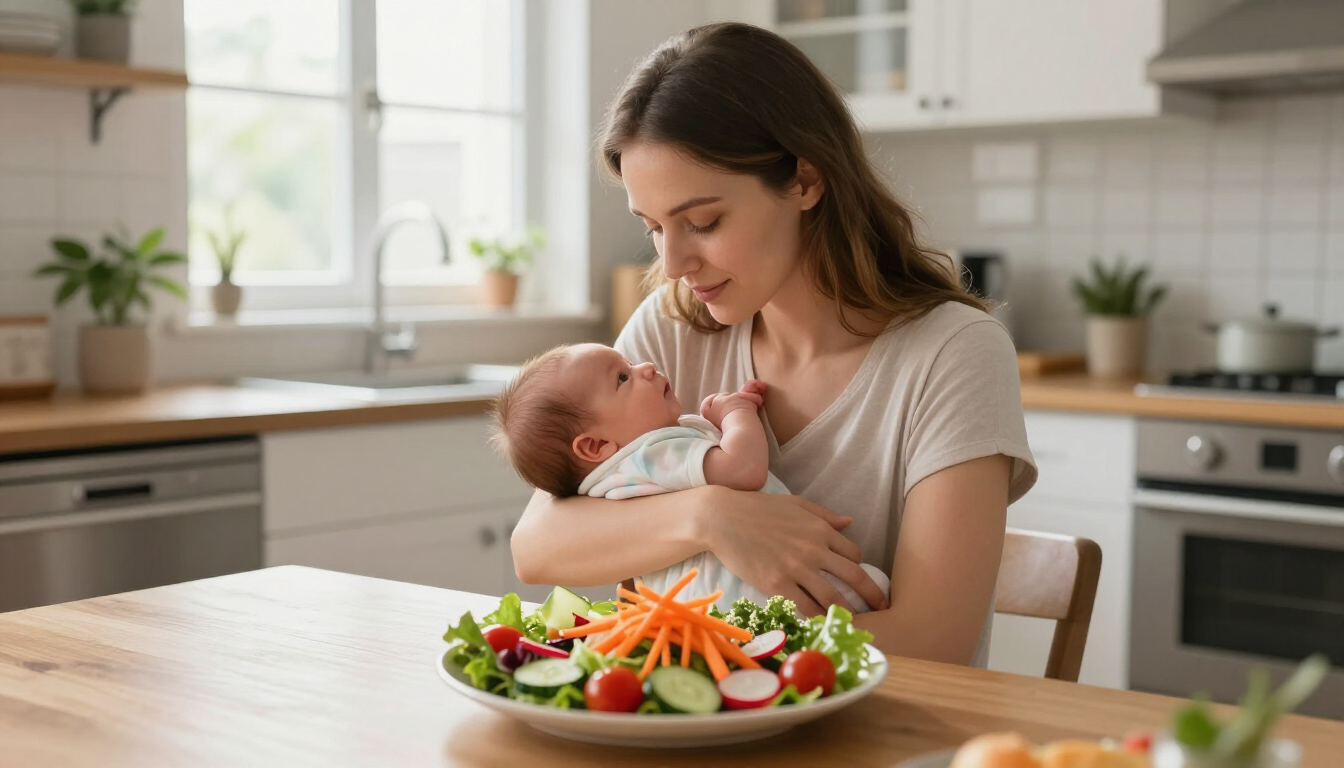 Una donna tiene in braccio un bambino a un tavolo da cucina, con un'insalatiera e una finestra luminosa alle loro spalle.