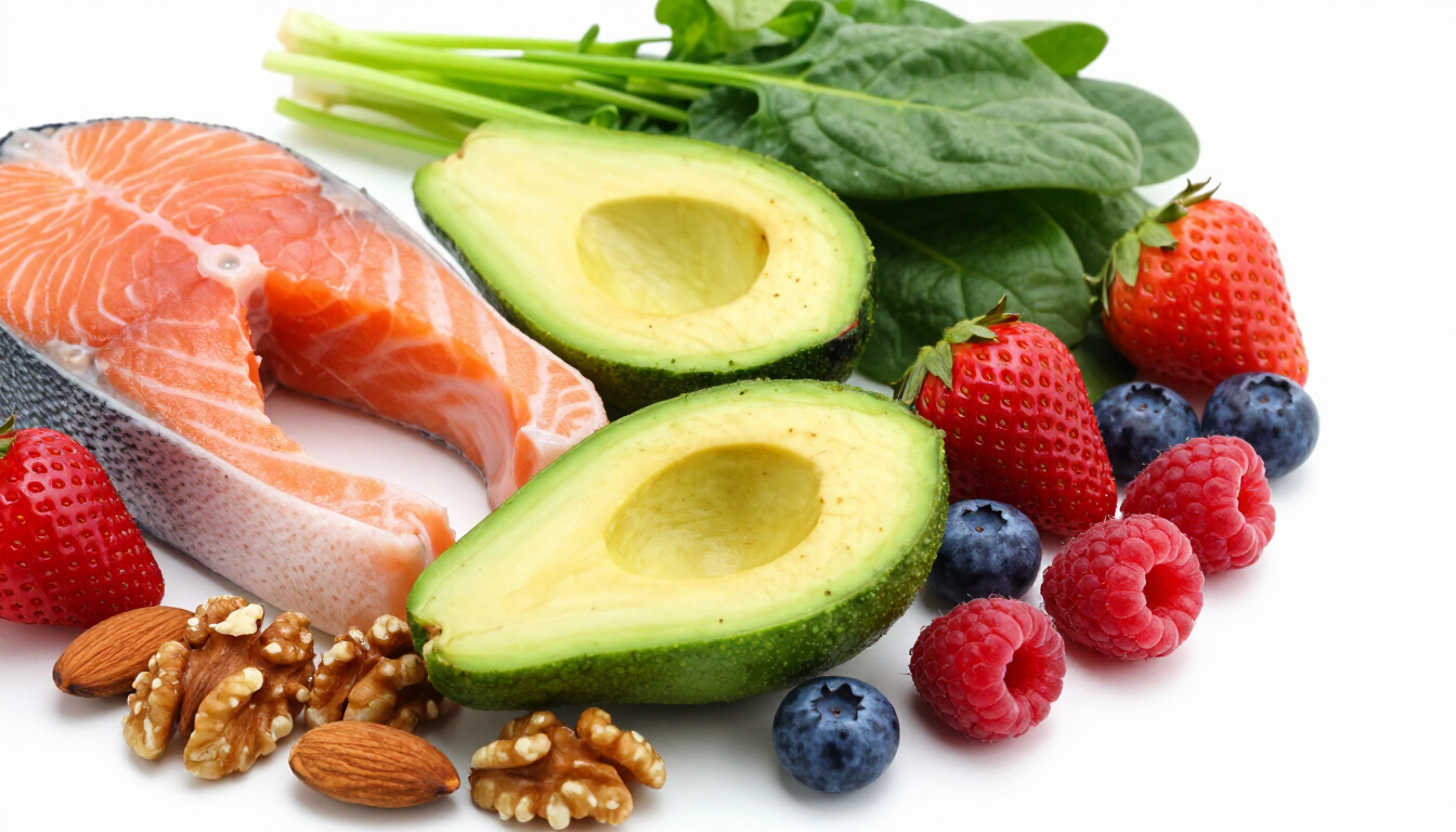 Salmone, avocado, frutti di bosco, noci e verdure a foglia verde, disposti come una selezione di alimenti salutari.