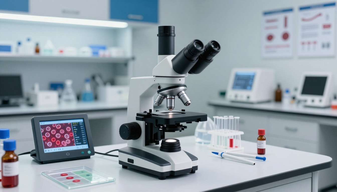 Microscopio da laboratorio su un banco da laboratorio con compresse, provette e apparecchiature di analisi sullo sfondo.