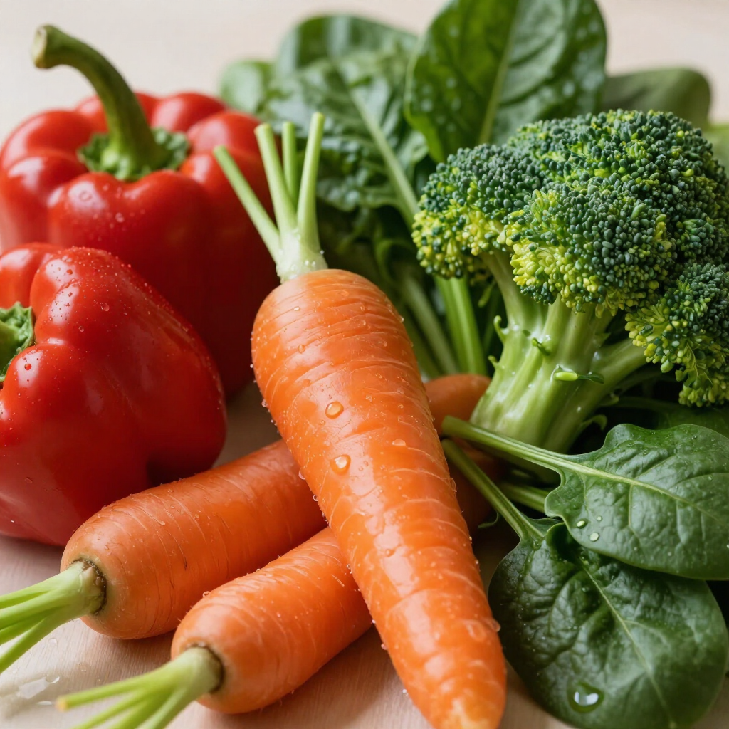Peperoni rossi, carote, broccoli e verdure a foglia verde disposti su una superficie bianca.