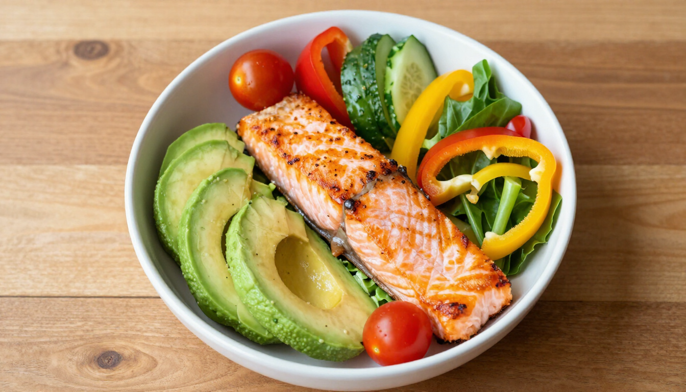 Insalata di salmone con avocado, pomodorini, cetriolo e peperoni a fette.