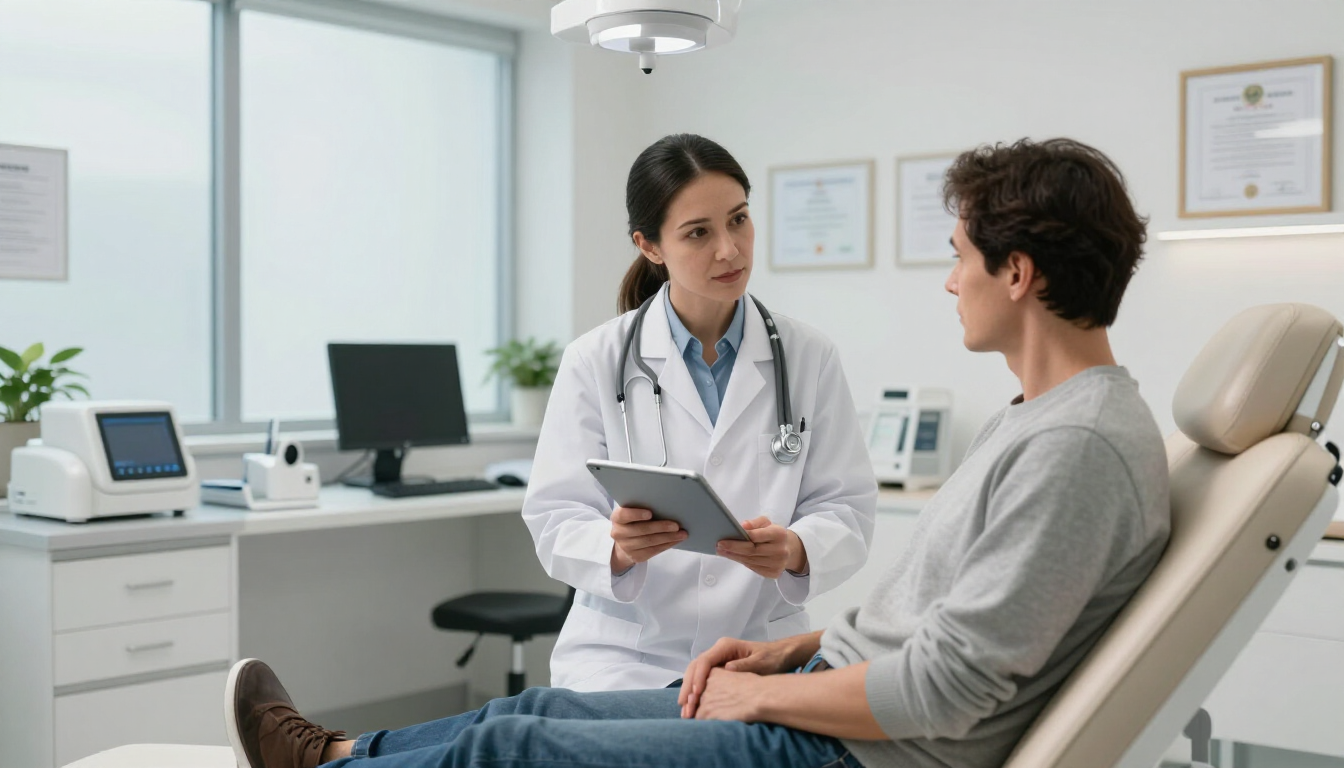 Un medico parla con un paziente in una luminosa sala visite di una clinica, tenendo in mano un tablet.