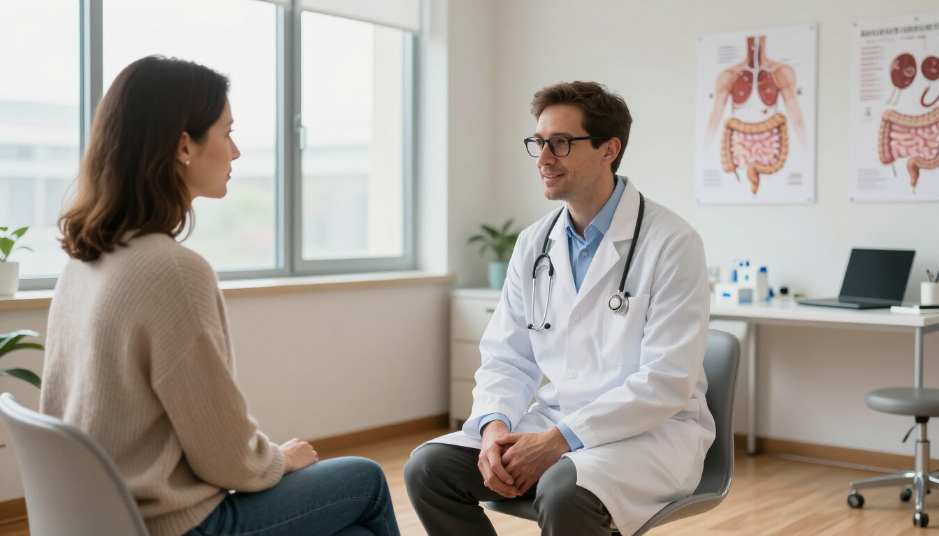 Un medico parla con un paziente in un luminoso ambulatorio, con un poster di anatomia medica sullo sfondo.