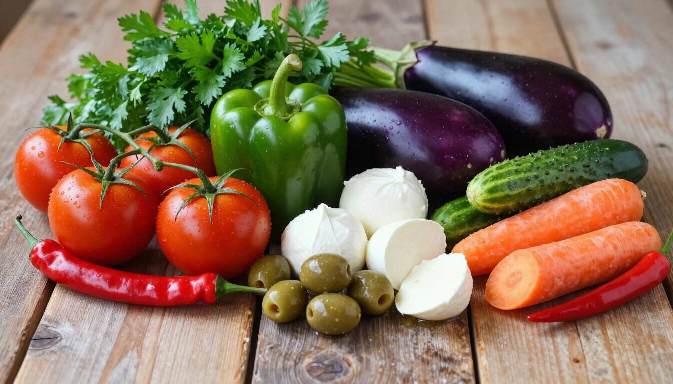 Verdure fresche assortite su un tavolo rustico di legno: pomodori, peperoni, melanzane, carote, cetrioli, cipolle, olive, peperoncino
