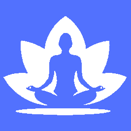 Figura bianca in meditazione in posizione del loto su un fiore di loto, su sfondo blu.