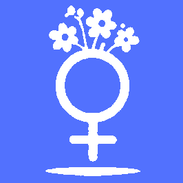Simbolo femminile bianco con fiori che sbocciano dalla cima su sfondo blu