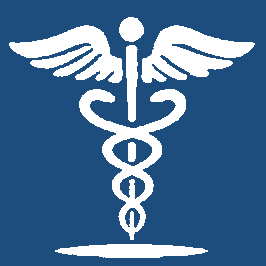 Caduceo bianco, simbolo medico, su sfondo blu.