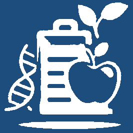 Appunti bianchi con una mela e una doppia elica del DNA su sfondo blu, a suggerire salute o nutrizione.