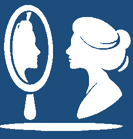 Silhouette di una donna che si guarda in uno specchietto a mano su sfondo blu.