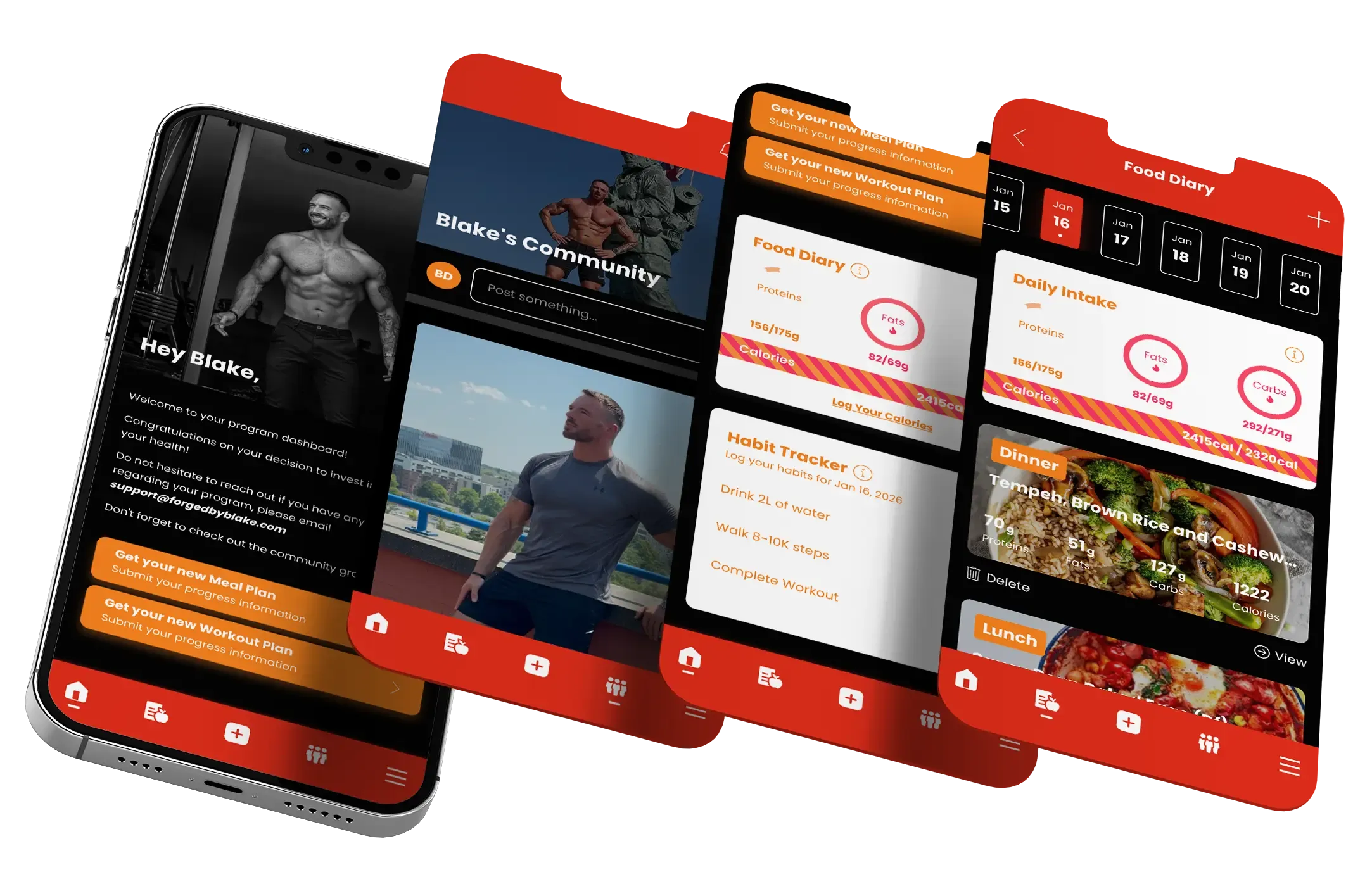 Four mobile phone screens displaying fitness app interfaces in red and white.