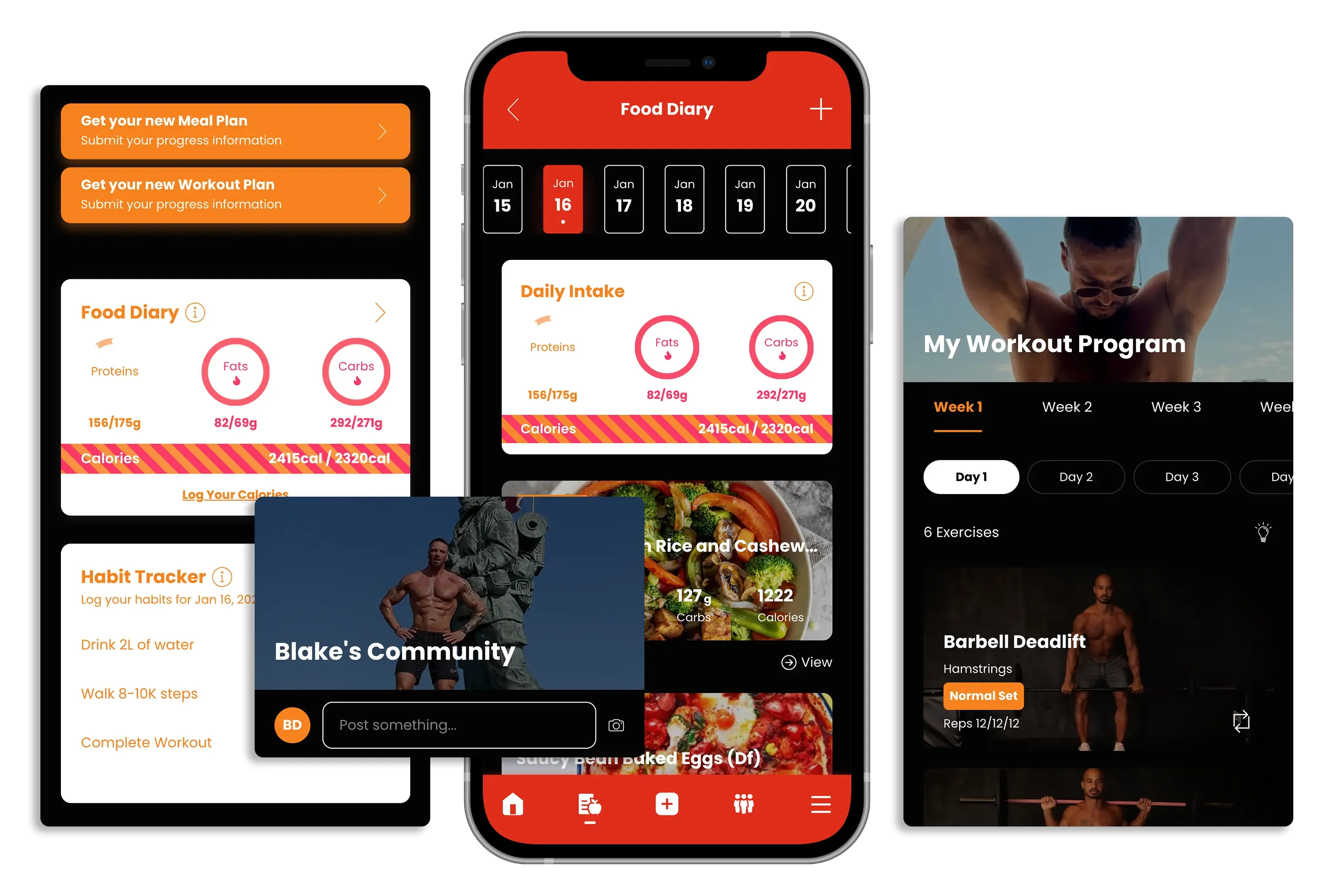 Three mobile screens display a fitness app with workout tracking, nutrition info, and community features.