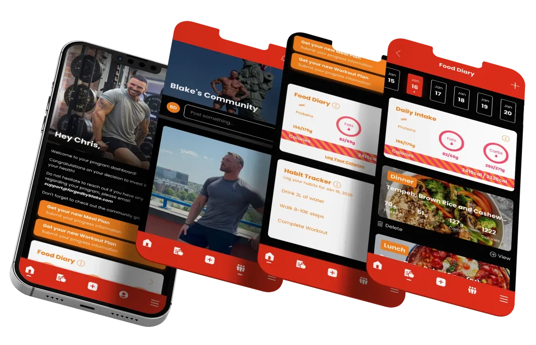 Four mobile phone screens displaying fitness app interfaces in red and white.