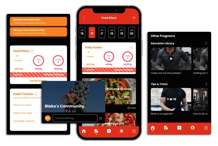 Three mobile screens display a fitness app with workout tracking, nutrition info, and community features.