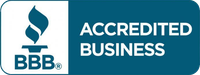 BBB Accredited Business logo with blue flame icon and white text on teal background