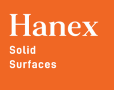 A hanex solid surfaces logo on an orange background