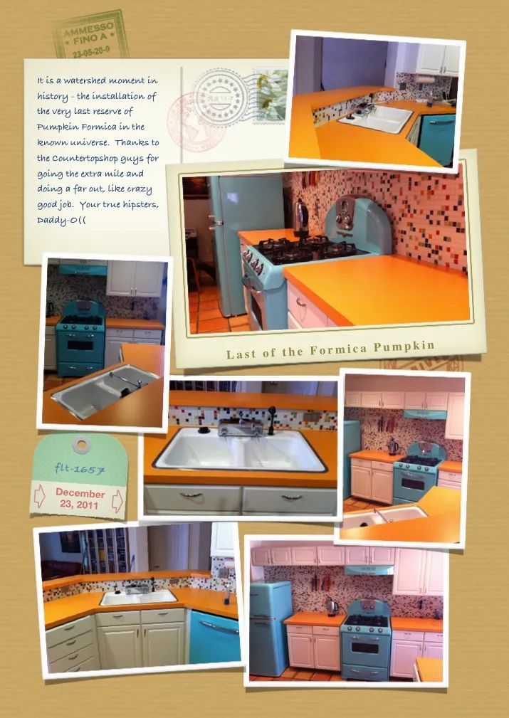 A collage of pictures of a kitchen with orange counter tops.