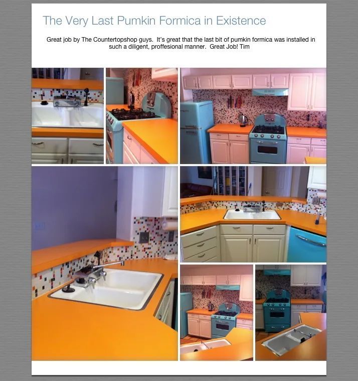 A collage of pictures of a kitchen with the title the very last pumpkin formica in existence.