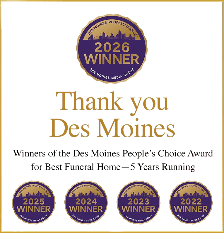Thank you Des Moines award graphic with 2026 winner seal and 2022–2025 winner badges on white background