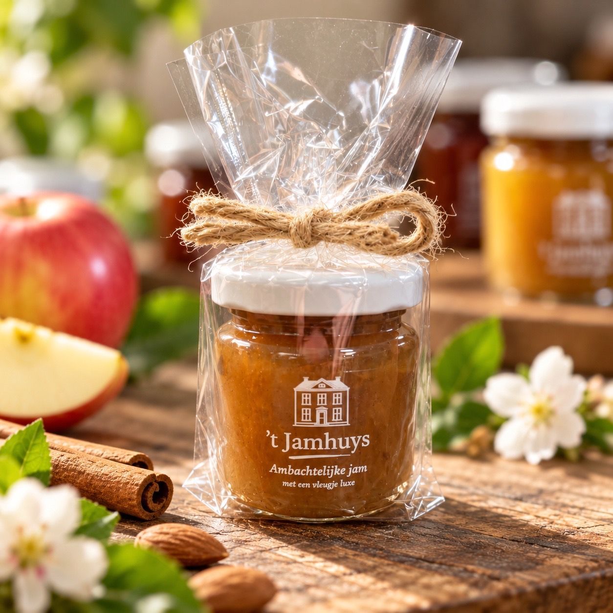 Mini-potje appel-peer jam, met touw vastgebonden, op een rustieke tafel, met appels en kaneel ernaast