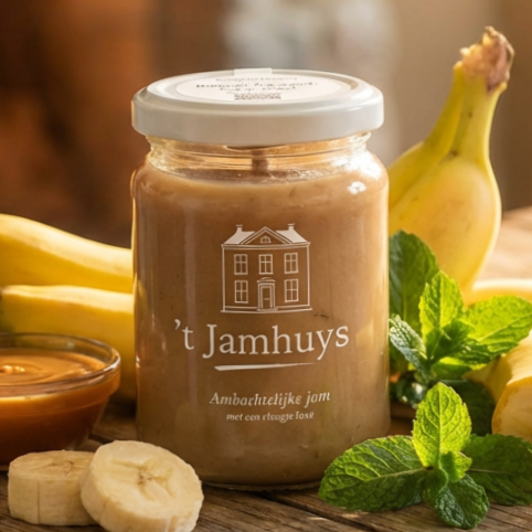 Pot bananenjam met het etiket 
