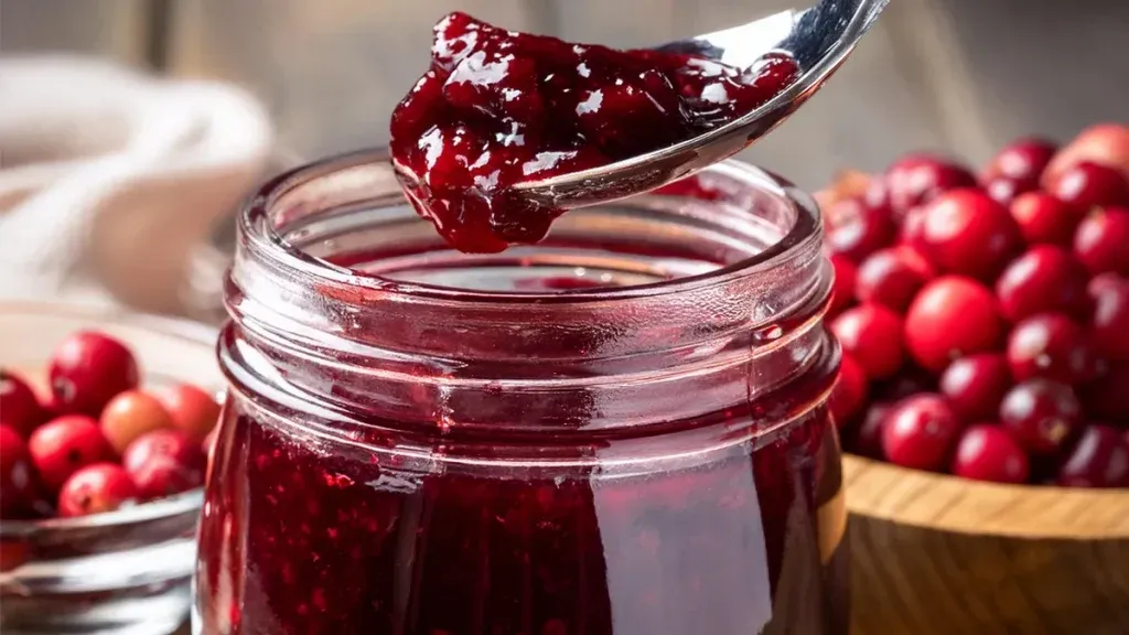 Een pot cranberrysaus met een lepel erboven. Verse cranberries ernaast.