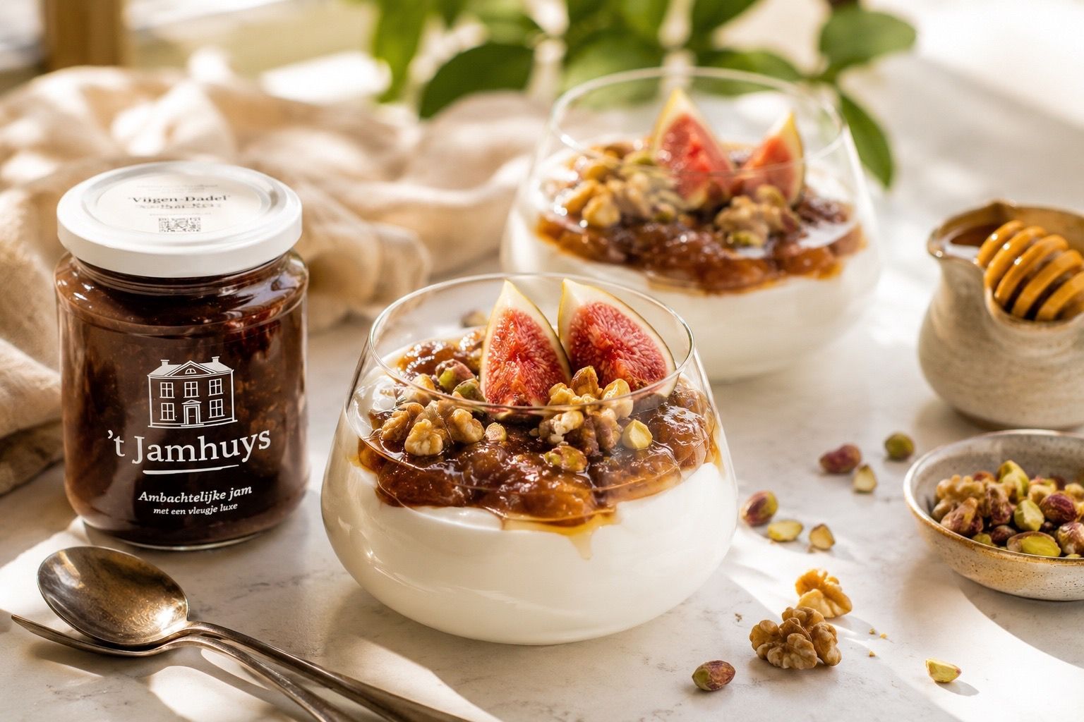 Pot hummus en kommen met yoghurtdessert en fruit op een tafel, met een lepel en honinglepel erbij