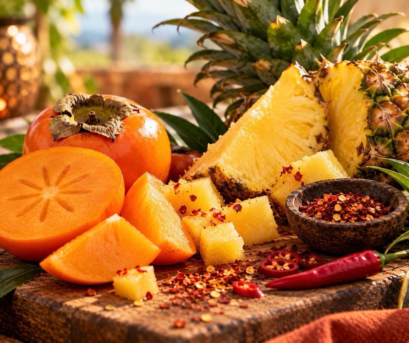 Verse ananas en gesneden oranje sharonfruit met chilikruiden op een rustieke tafel