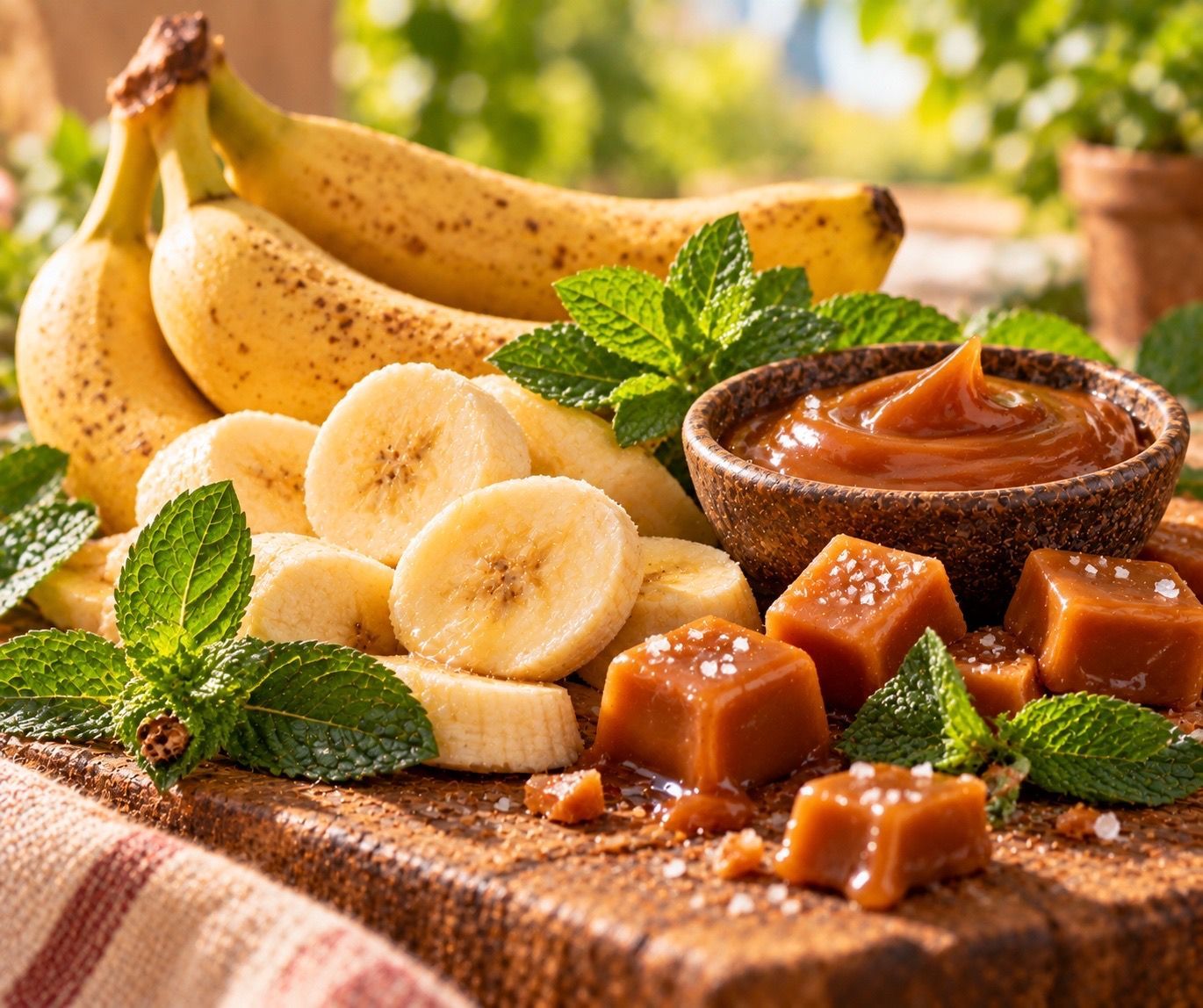 Pot bananenjam met bananen en muntblaadjes.