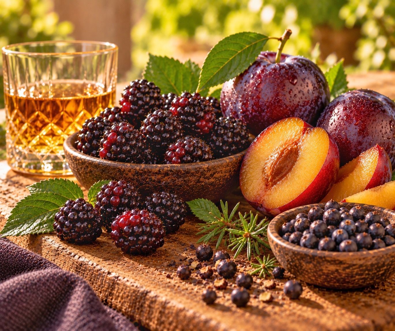 Gemengde bramen en pruimen met een glas whisky op een rustieke tafel