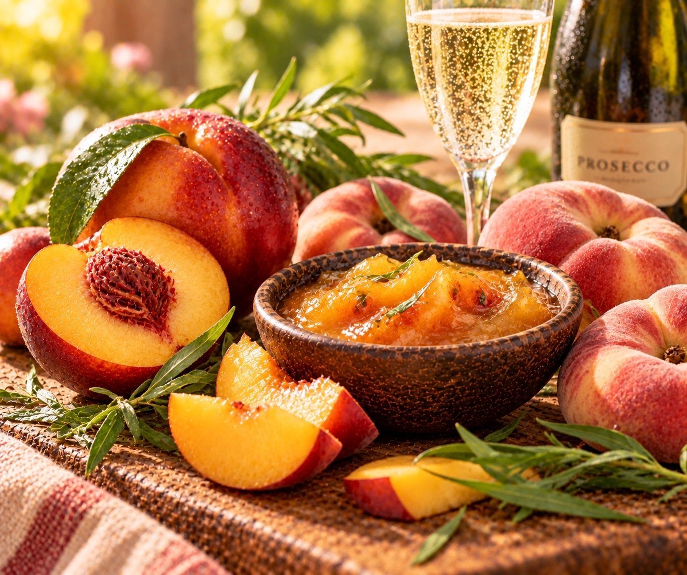 Perzik-nectarine jam met schijfjes perzik, een champagneglas en een fles prosecco op een rustieke tafel.