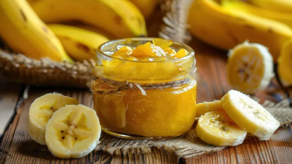 Een pot bananenjam met plakjes banaan erin, en een mand met bananen.