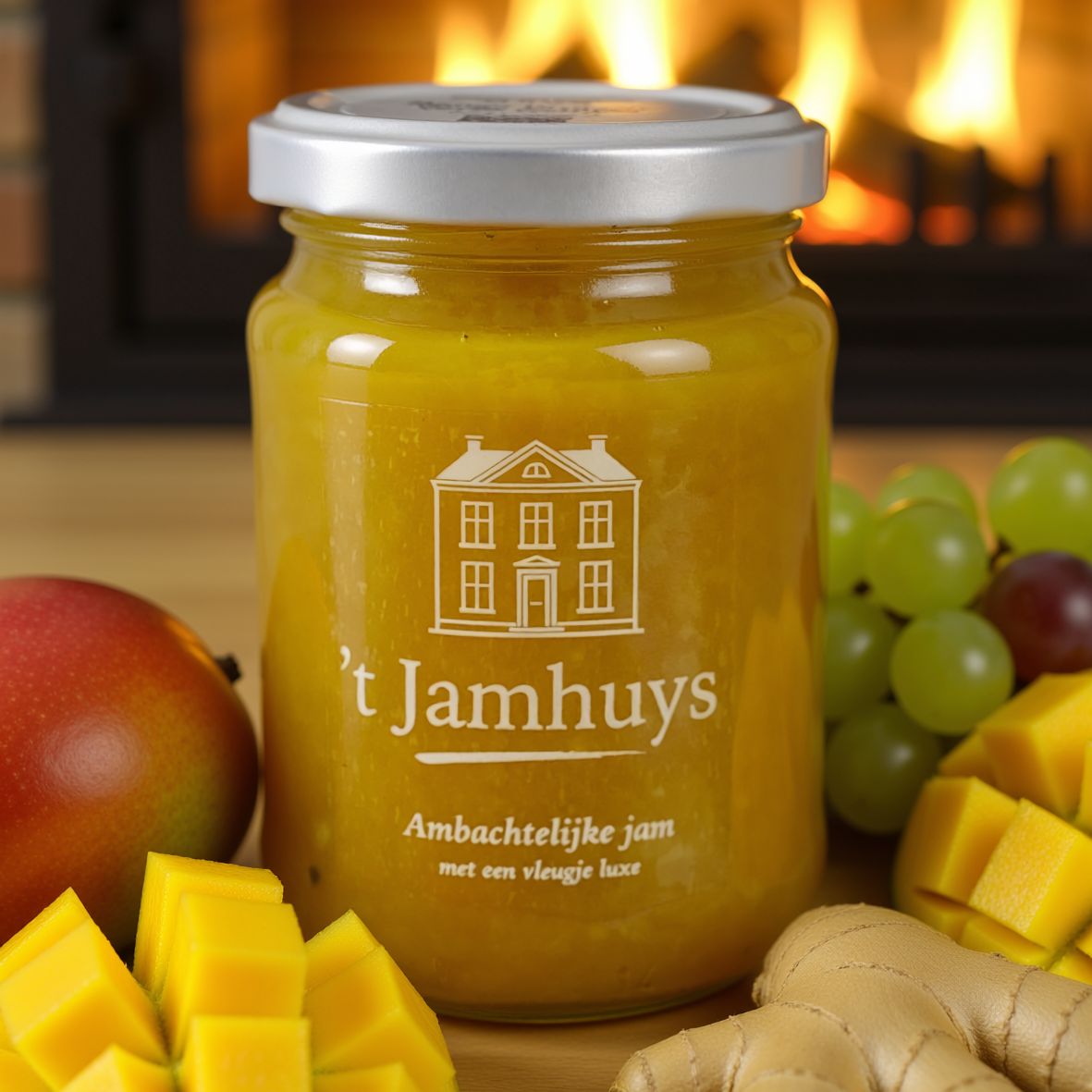 Een pot mangojam met het etiket 