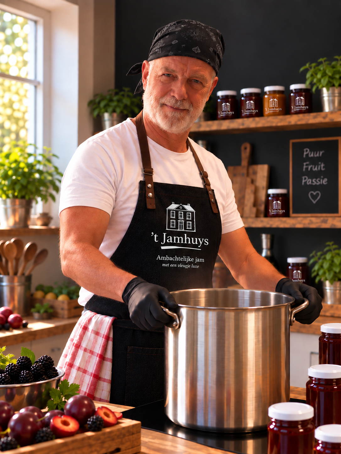Glimlachende man met een schort naast potten jam, met een metalen pan in de hand in een keuken