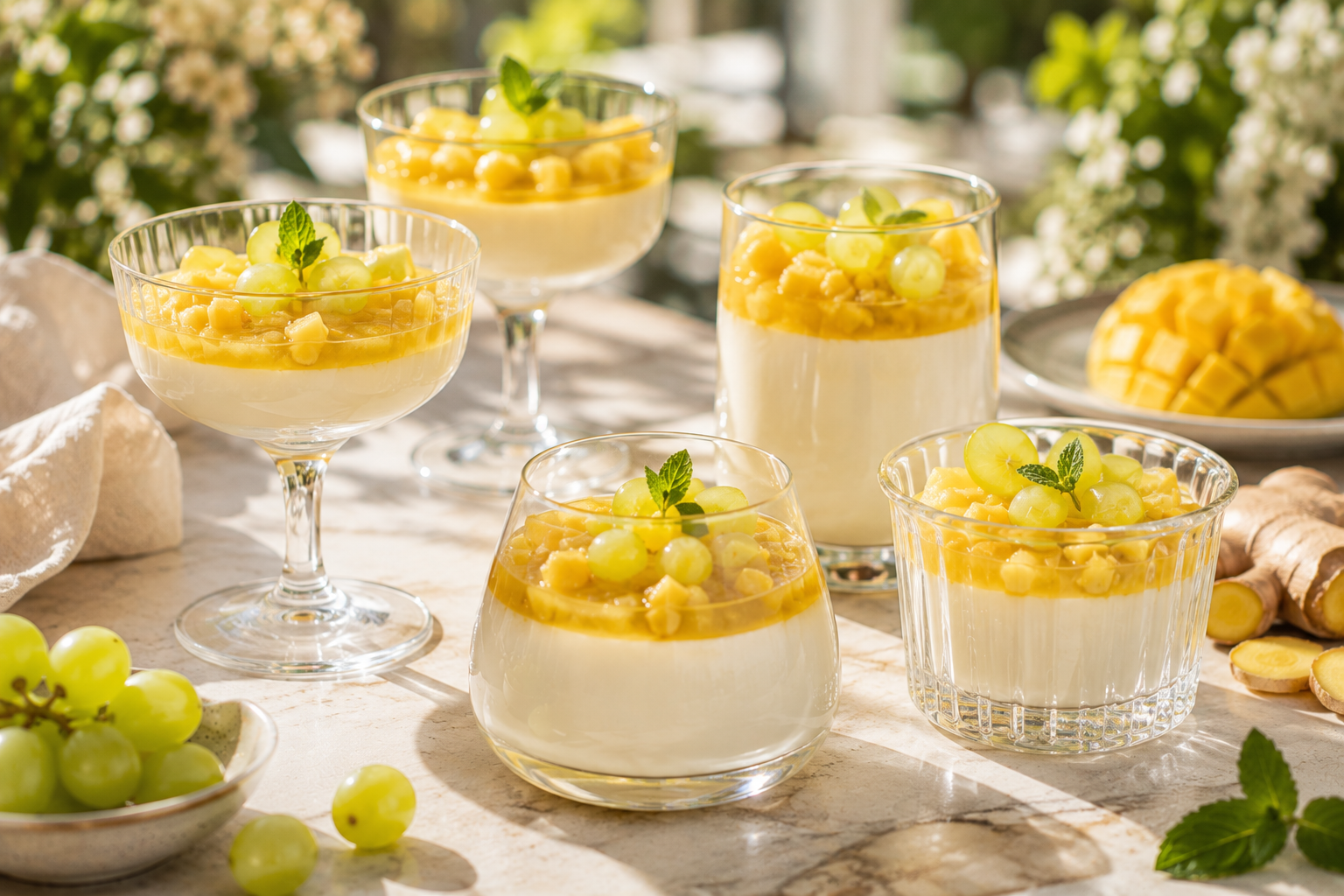 Dessertbekers met geel fruit erop op een zonnige tafel, met druiven en een ananas op de achtergrond