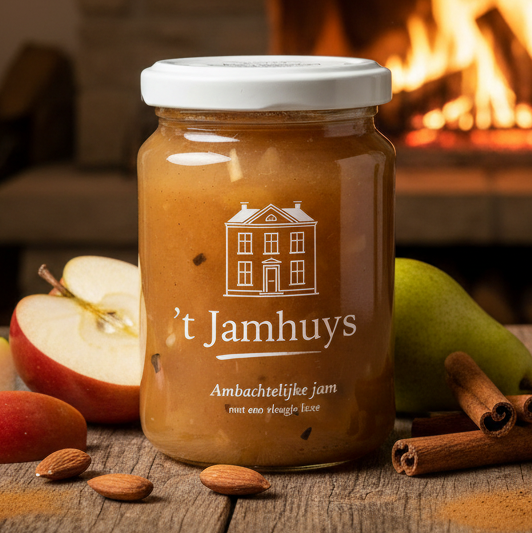 Een pot jam met etiket, omringd door fruit, kaneelstokjes en amandelen op een houten plank.