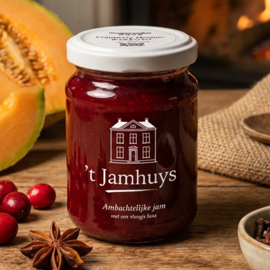 Pot rode jam met wit etiket, naast meloen, cranberry's en specerijen.