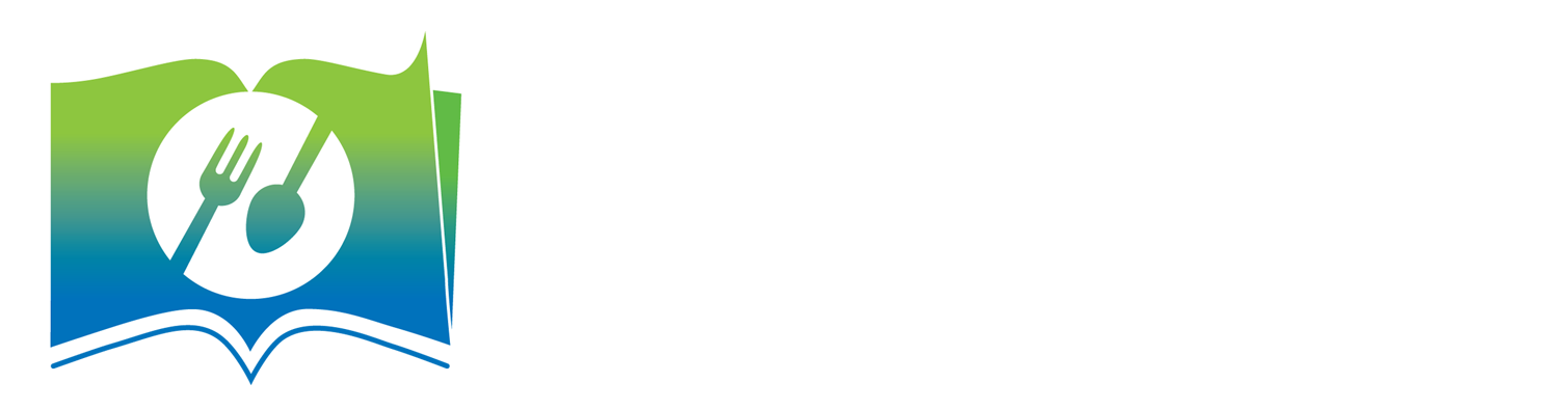 Blue-and-green logo with a white hand and book icon