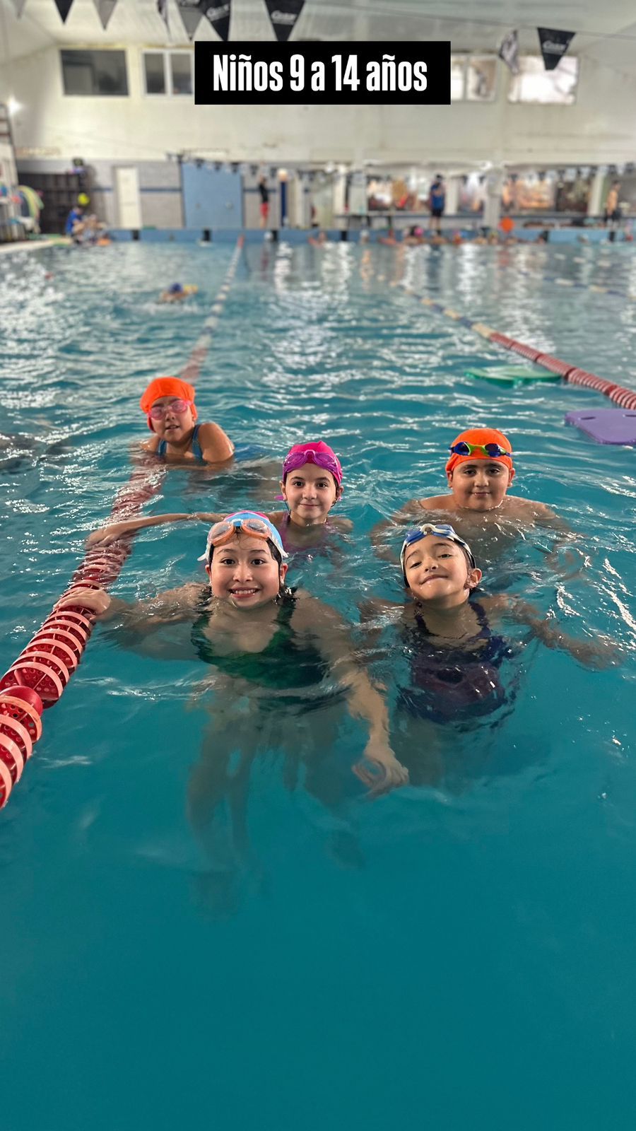 Niños con gorro de baño sonriendo en la piscina. Texto: Niños de 9 a 14 años.