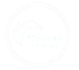 Logotipo circular blanco con forma de pájaro y texto